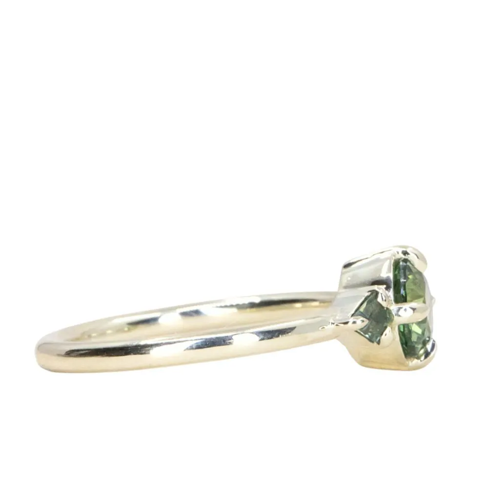 0.99ct Songean Green Sapphire and Trillion Parti Sapphire Antique Low Profile Ring in 14k Green Gold