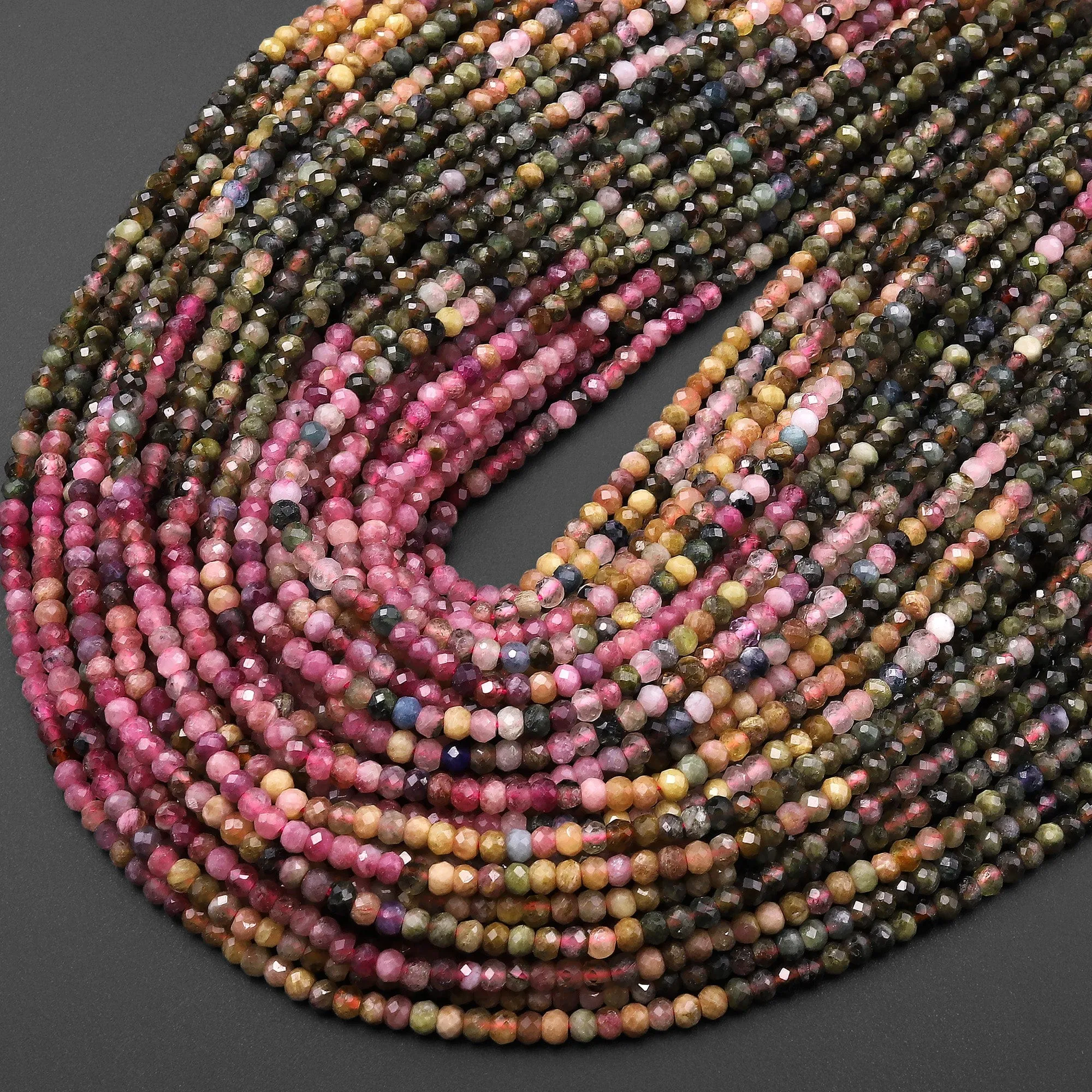 3mm Faceted Rondelle Natural Multicolor Tourmaline Beads Pink Green Yellow Gemstone 15.5" Strand