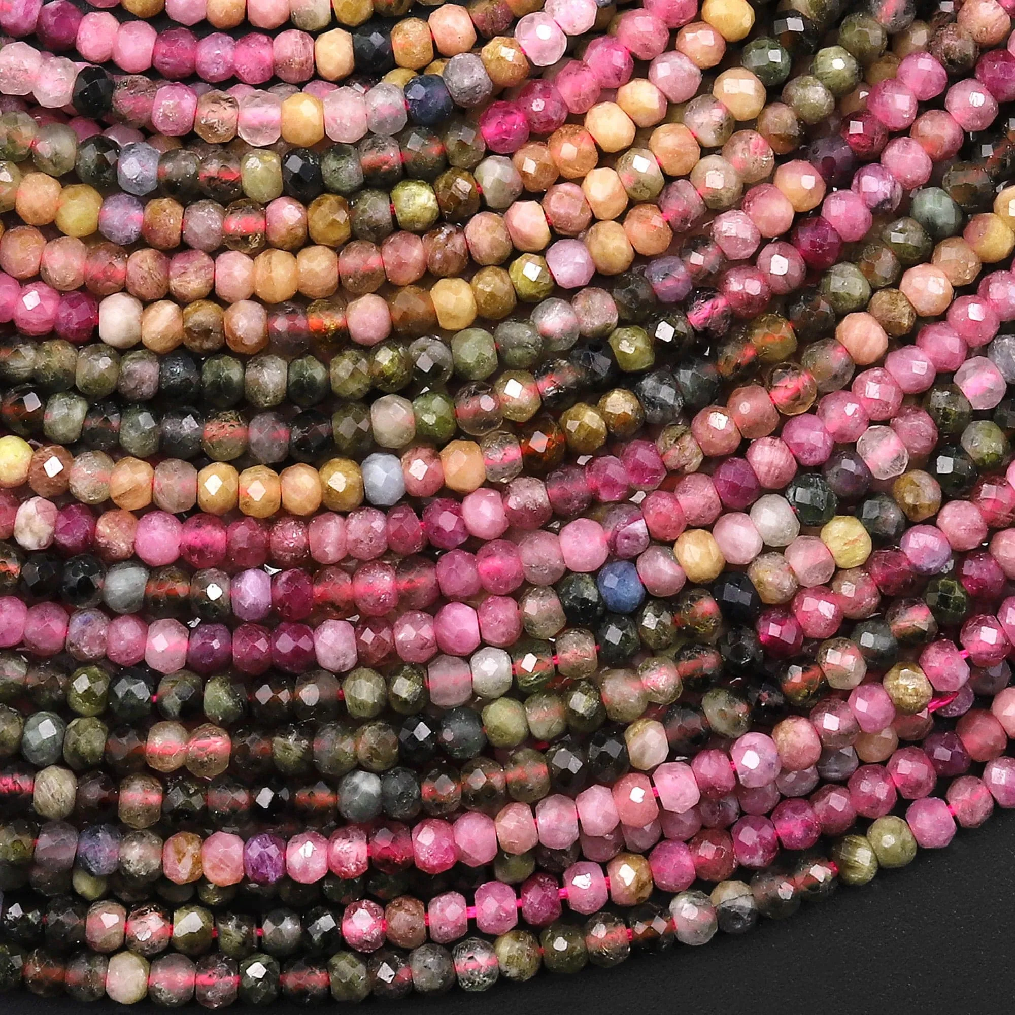 3mm Faceted Rondelle Natural Multicolor Tourmaline Beads Pink Green Yellow Gemstone 15.5" Strand