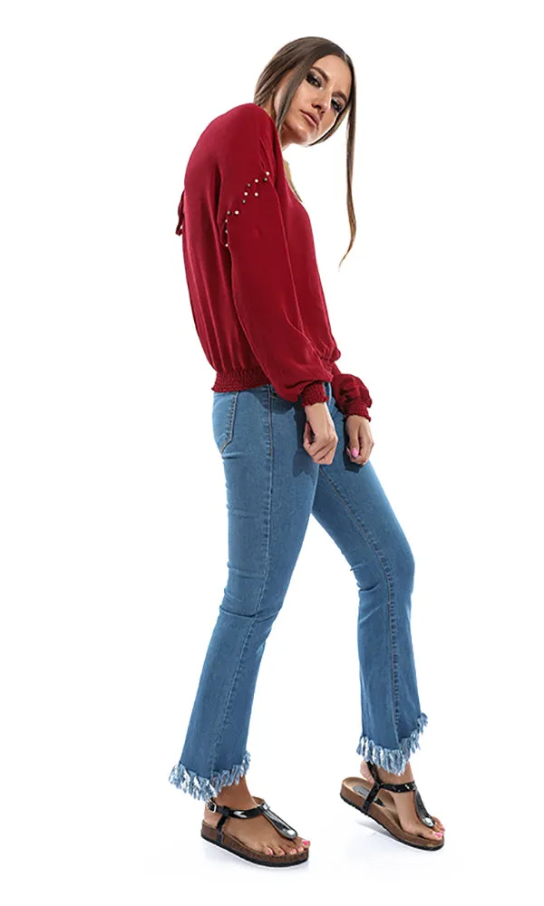 48715 Pearls Long Sleeves Blouse - Maroon