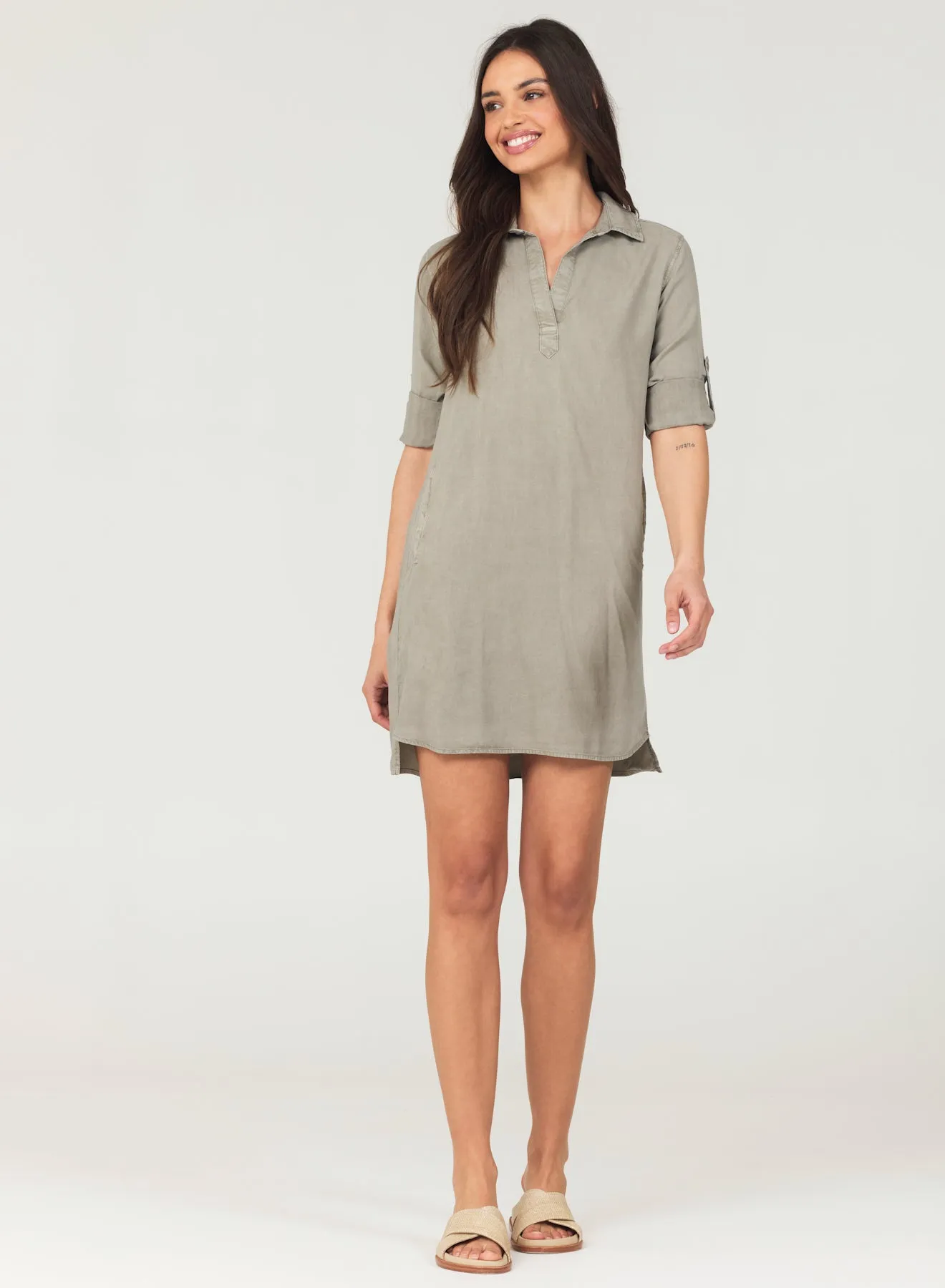 A-Line Rolled Tab Sleeve Dress - Soft Army