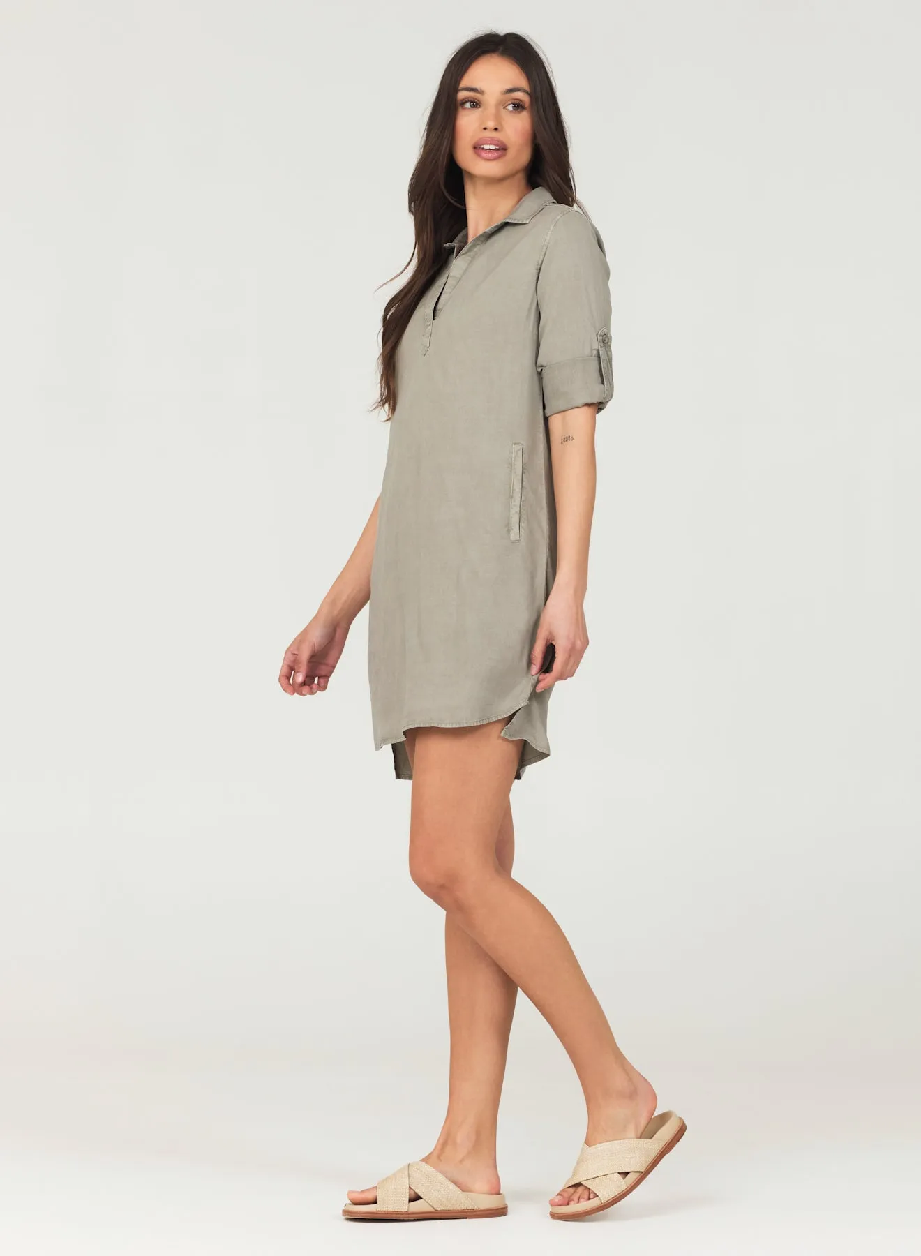 A-Line Rolled Tab Sleeve Dress - Soft Army