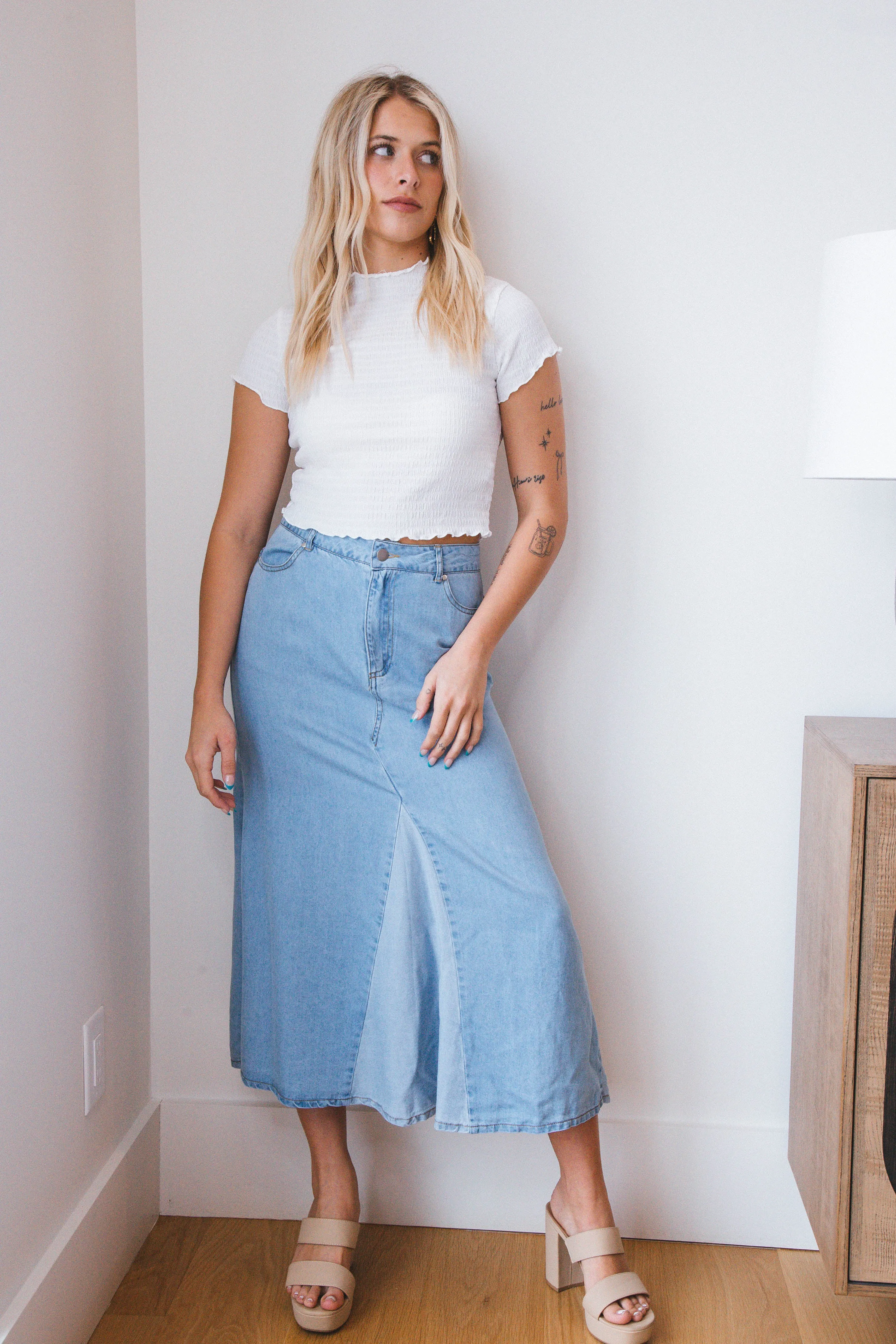 Amaya Colorblock Midi Skirt, Denim