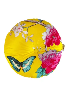 ANNA CHANDLER VELVET ROUND CUSHION SAFFRON BIRDS