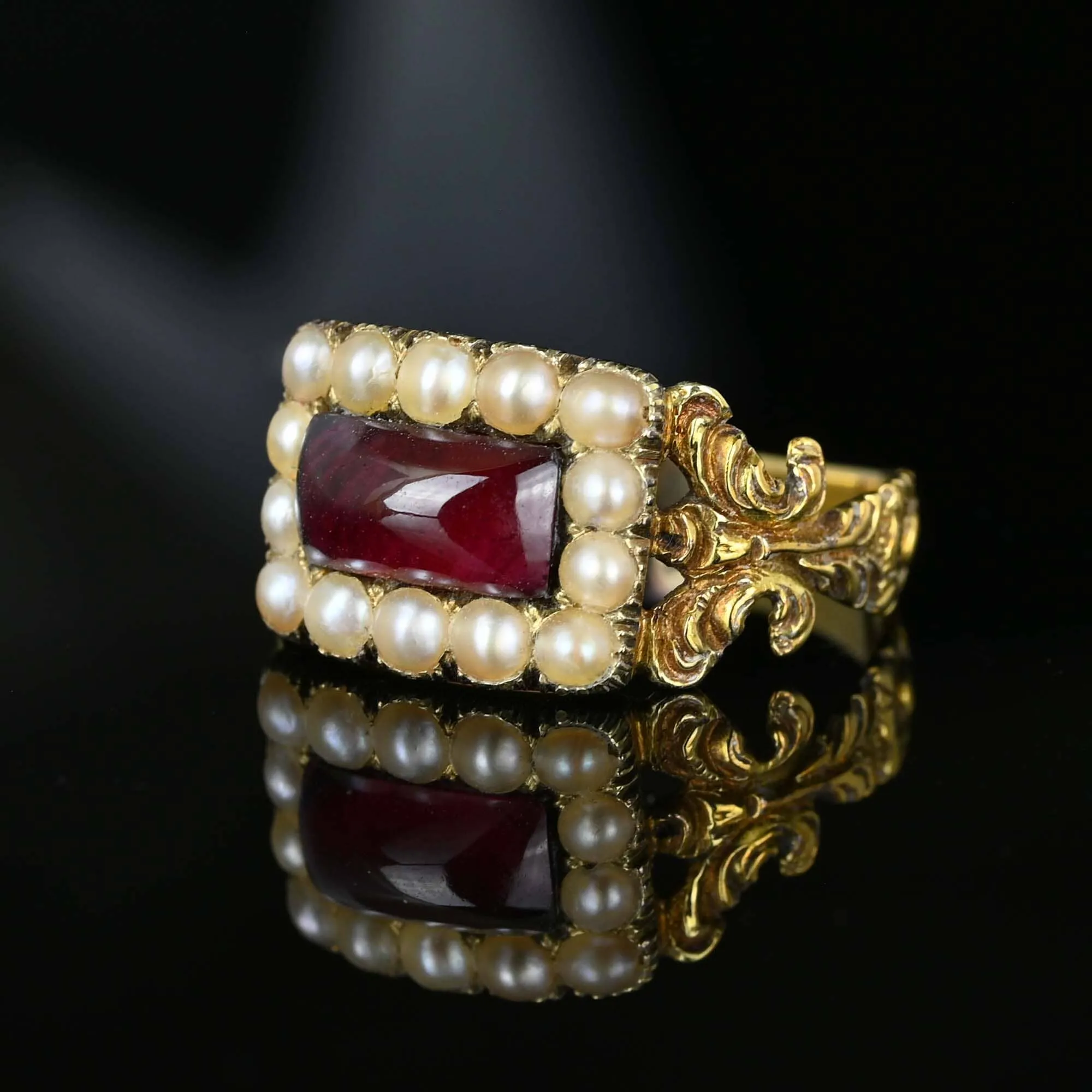 Antique Georgian 15K Gold Pearl Cluster Garnet Ring