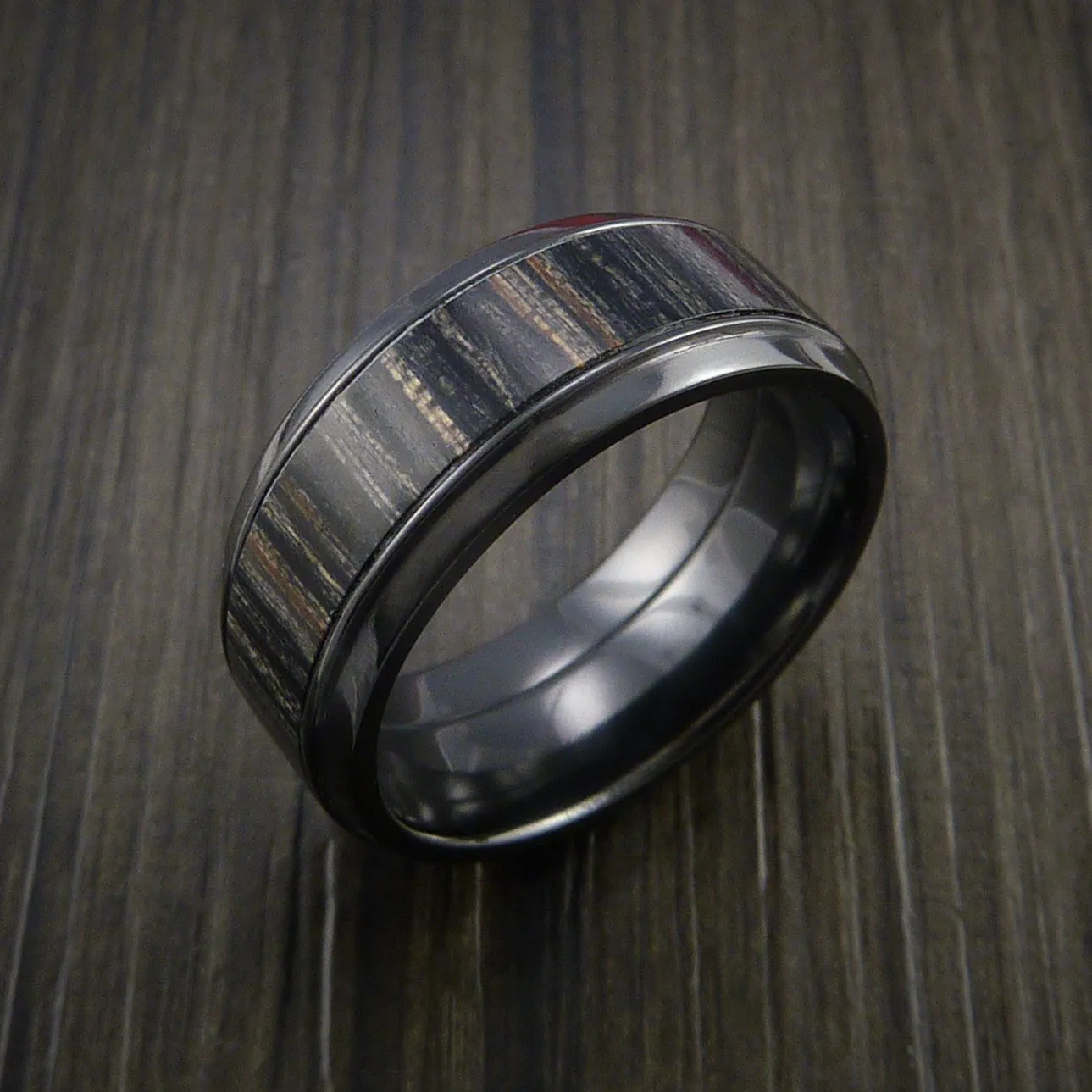 Black Titanium Men's Ring with Wood Inlay Custom Made Wedding Band