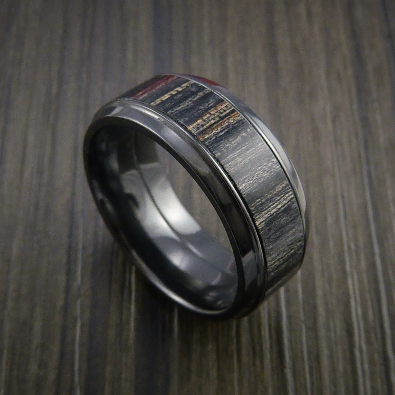 Black Titanium Men's Ring with Wood Inlay Custom Made Wedding Band