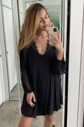 Boho Black Floral Lace Cami Swing Mini Dress