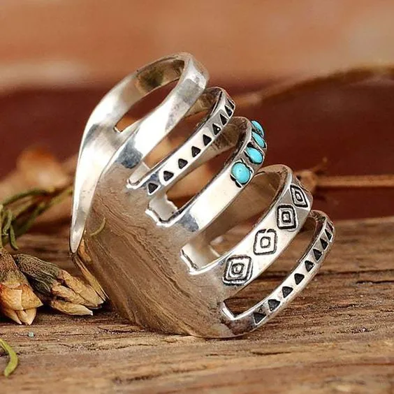 Boho Joint Ring Long Turquoise Silver Tribal Gypsy Finger Cuff Cage Ring Aztec Symbols Great For Stacking Rings Available In Sizes 6 7 8 9 Or 10