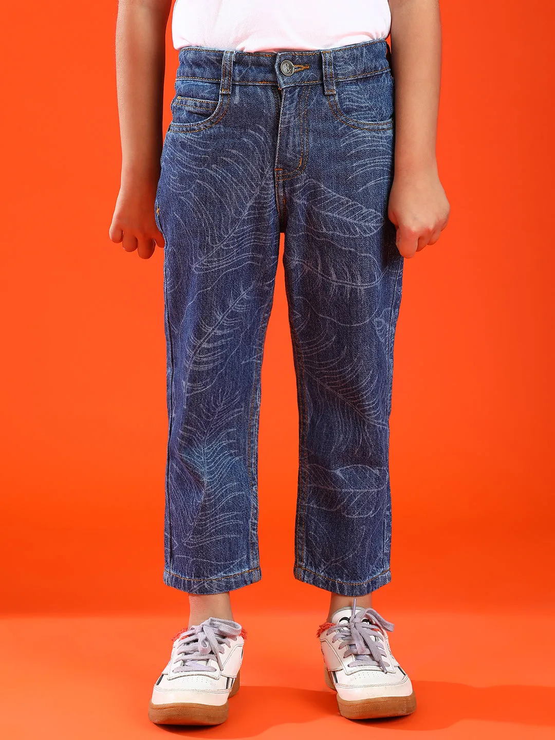 Boys Dark Blue Cotton Slim Fit Printed Jeans