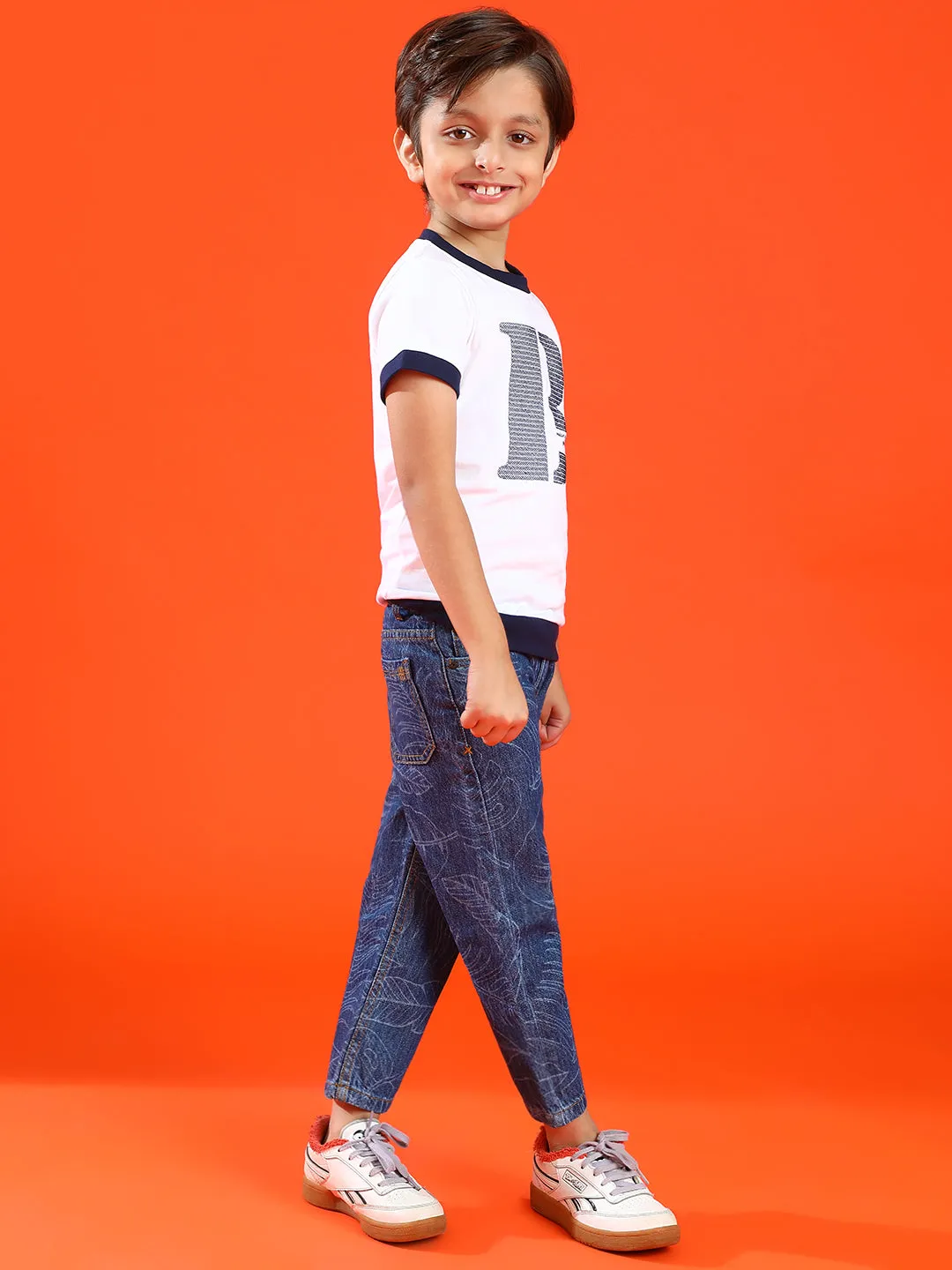 Boys Dark Blue Cotton Slim Fit Printed Jeans