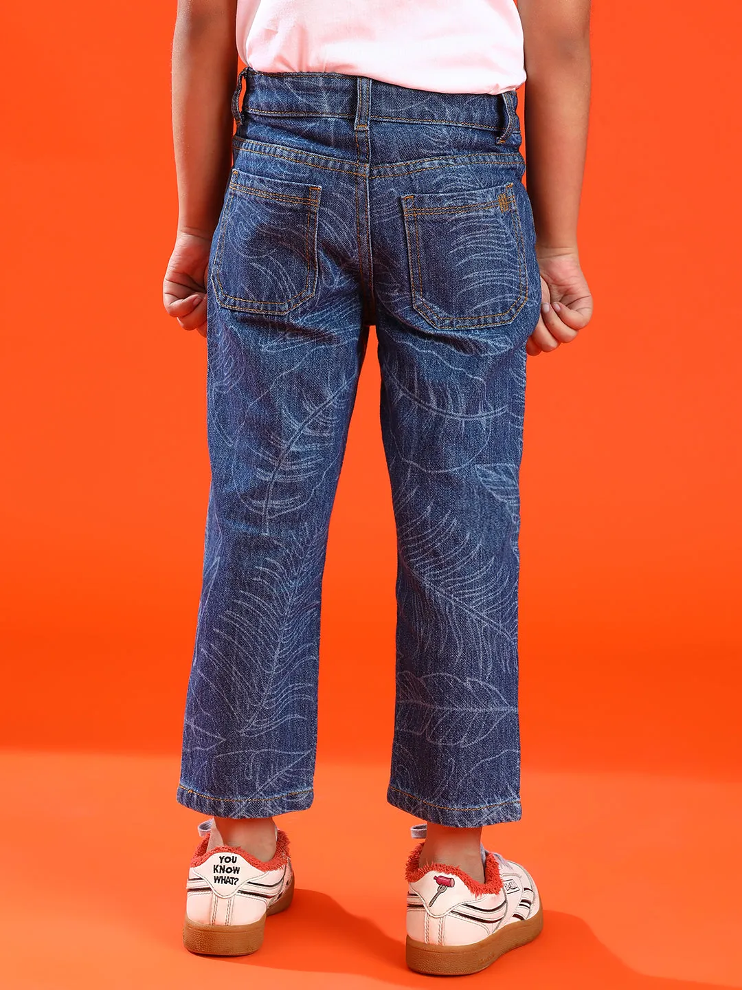 Boys Dark Blue Cotton Slim Fit Printed Jeans