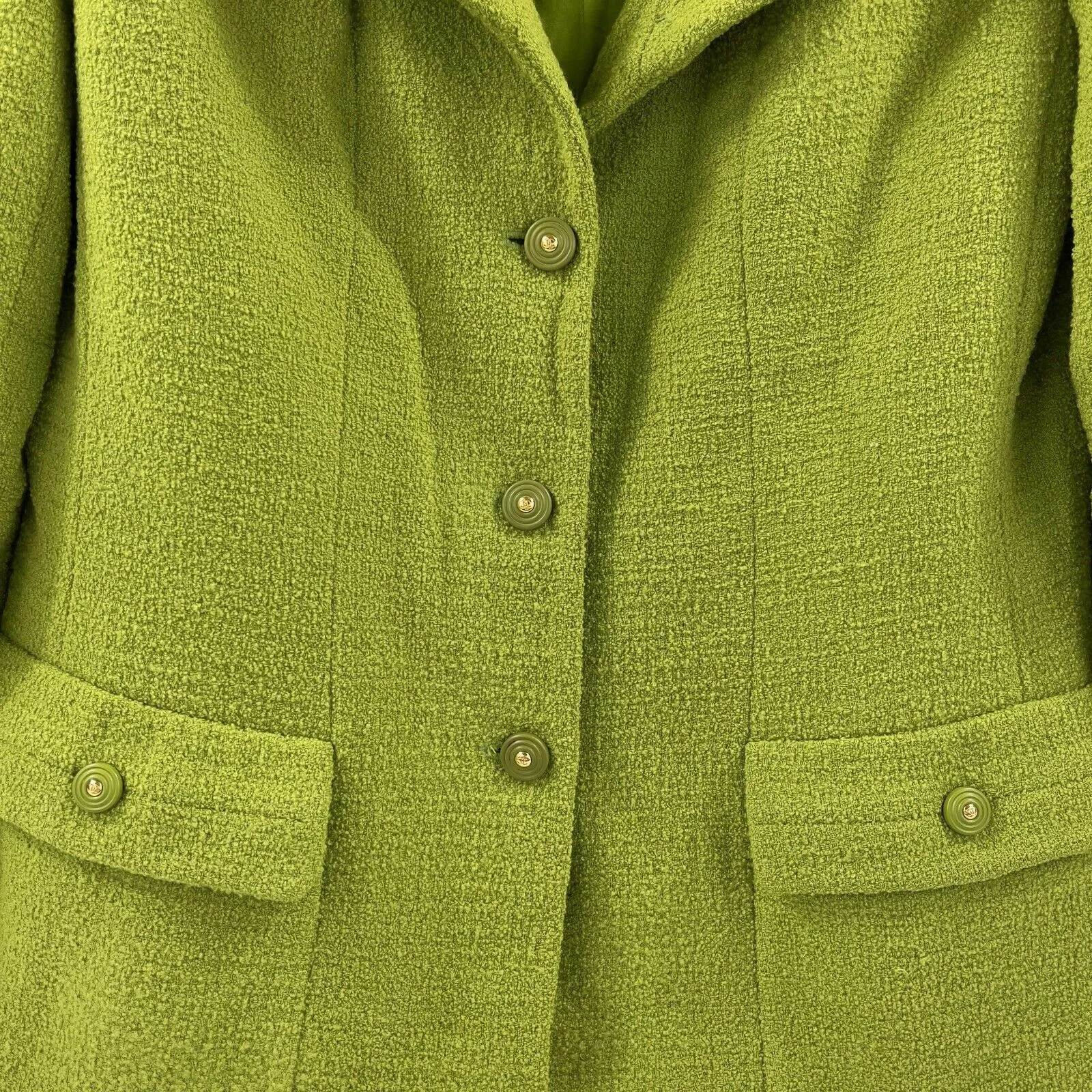 Chanel - 90s Lime Green Boucle Wool Sport Coat Blazer - CC Buttons - 42 / US 10