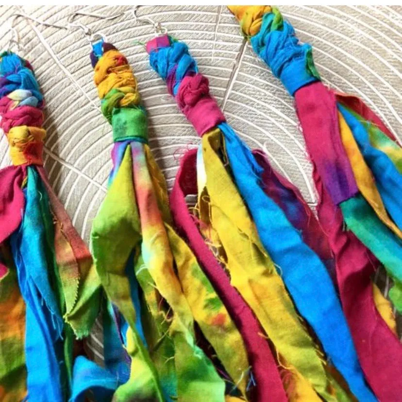 Cotton Tie Dye Bohemian Tassel Earrings - Rainbow Magic