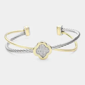 CZ Stone Quatrefoil Two Tone Split Cuff Bracelet