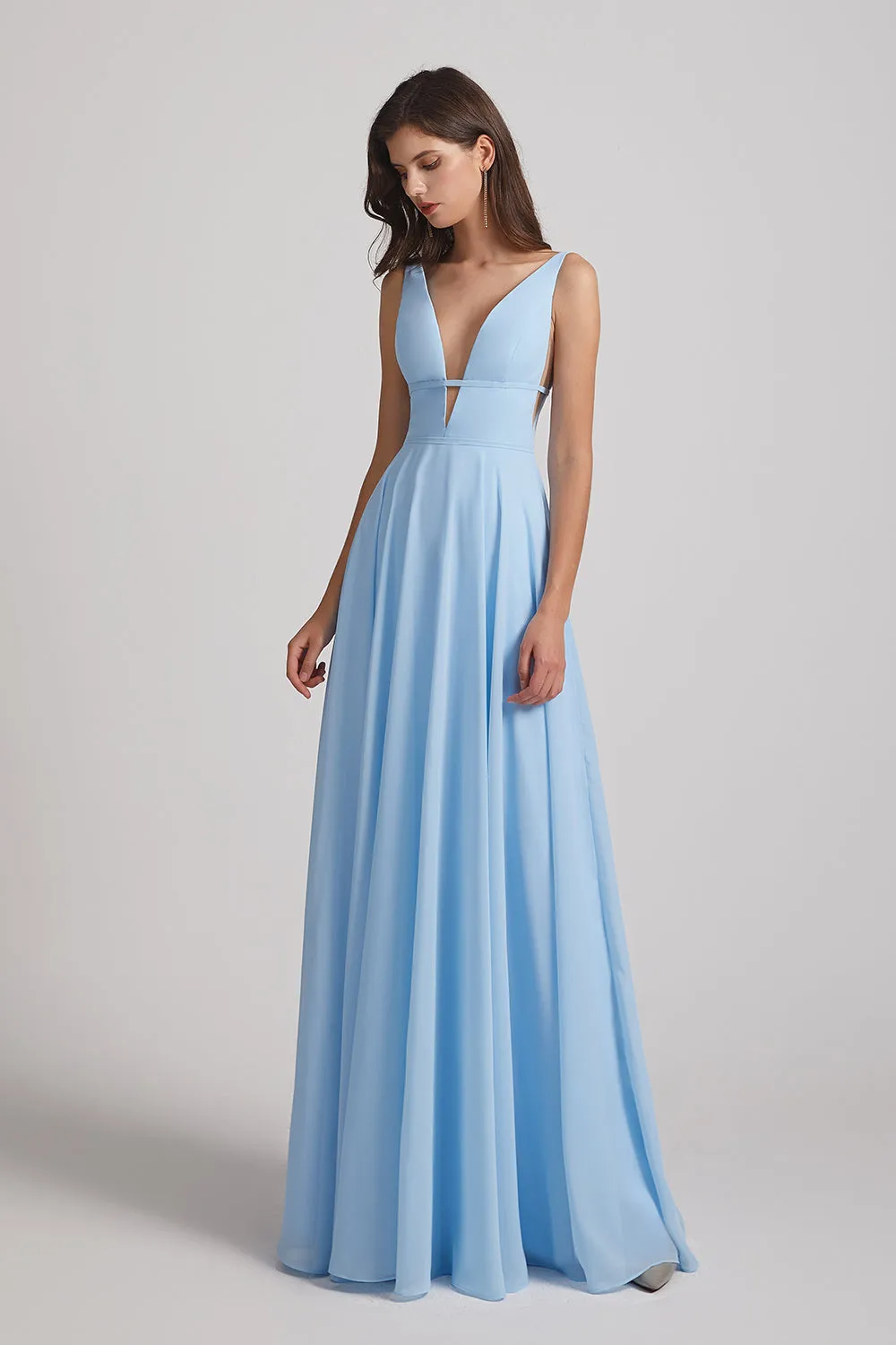 Deep V-Neck Chiffon Bridesmaid Dresses with Low Cut V Back (AF0067)