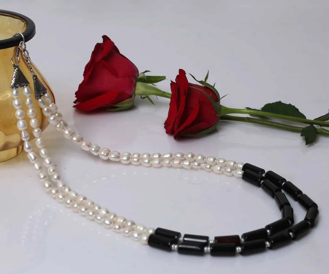 Evangeline Onyx And Fresh Water Pearl Necklace