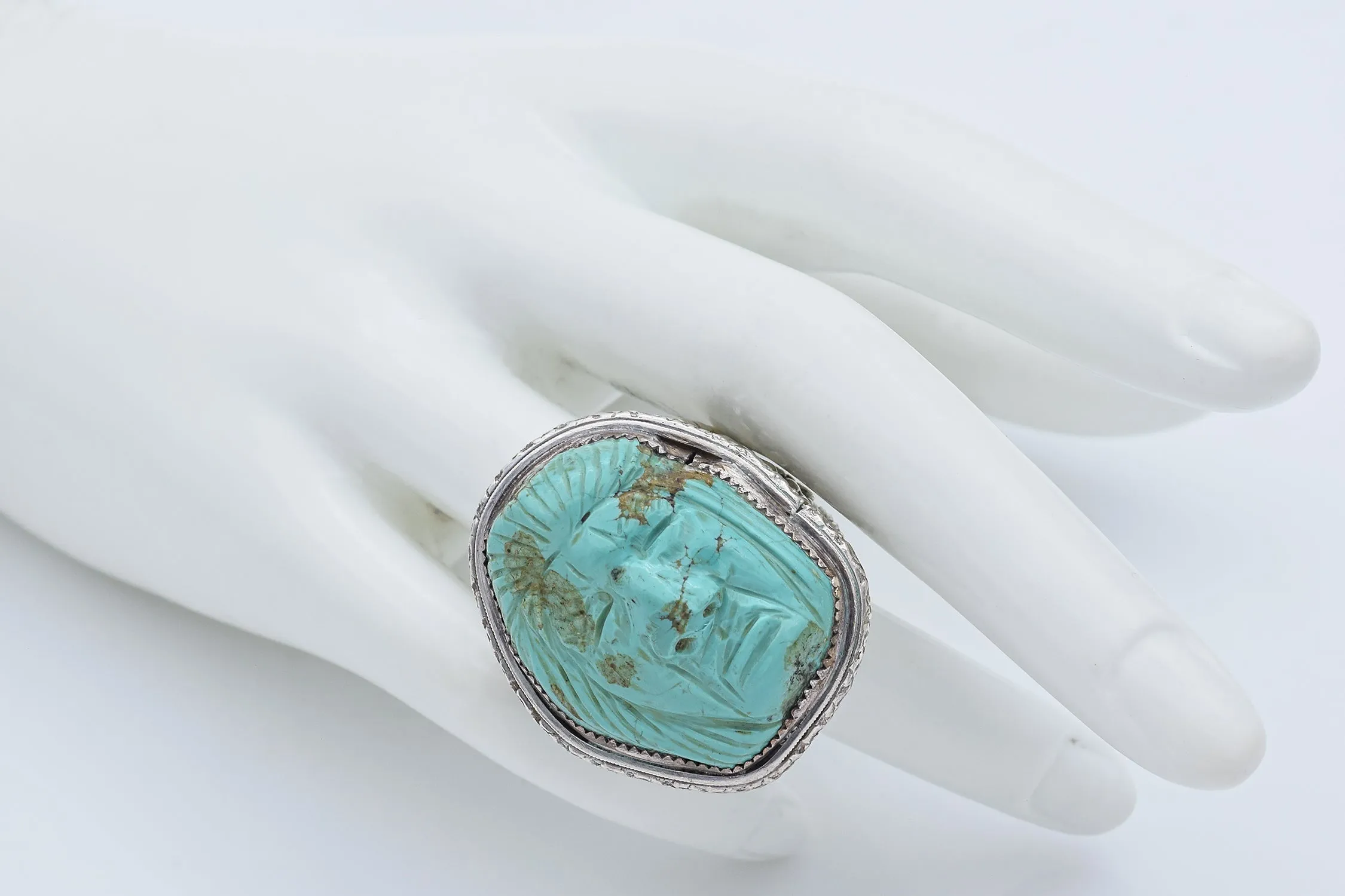 Francisco Gomez Vintage Sterling Silver Turquoise Carved Face Ring Size 10