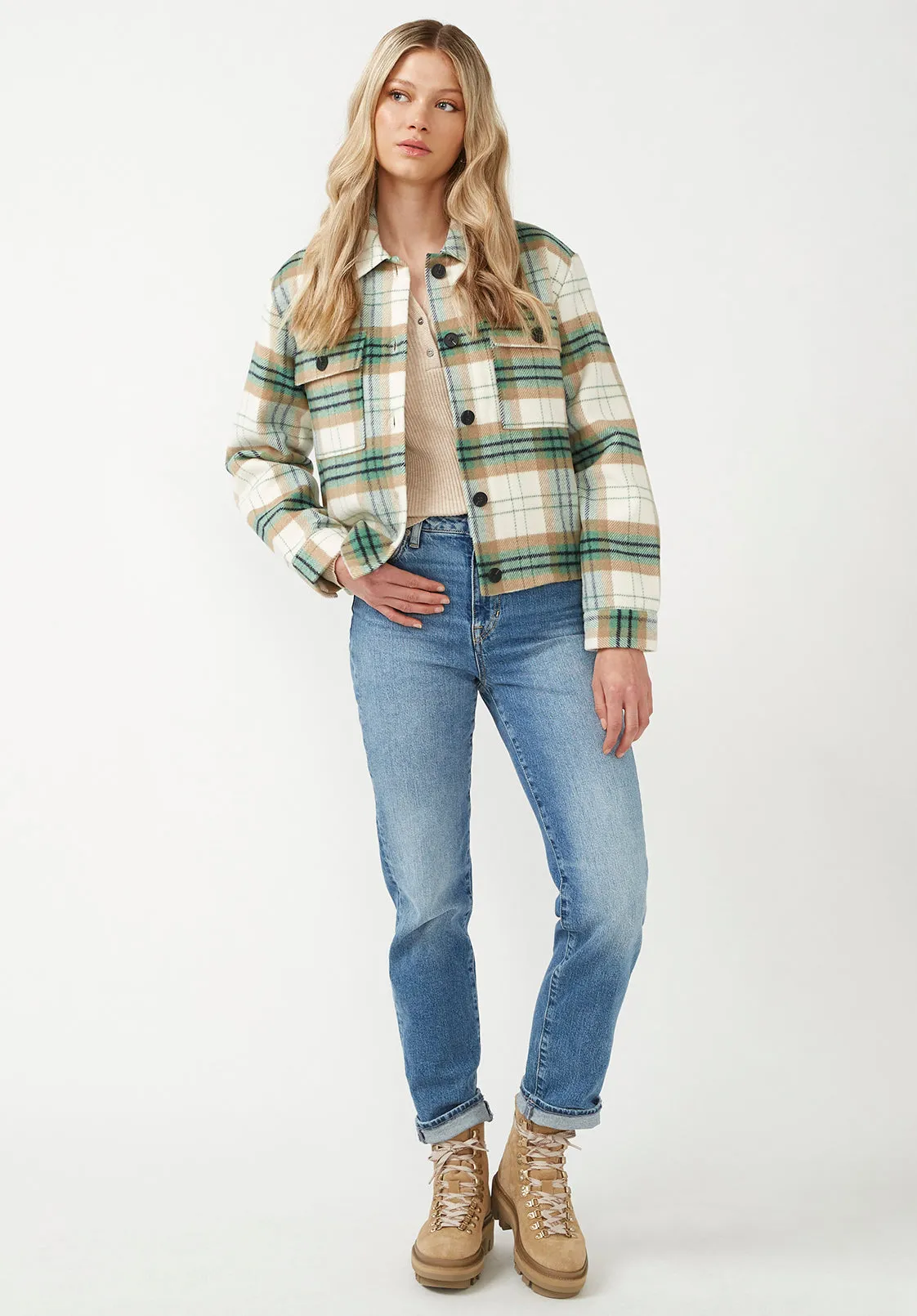 Lissandra Women's Cropped Shacket in Cream Green Plaid - JK0016F