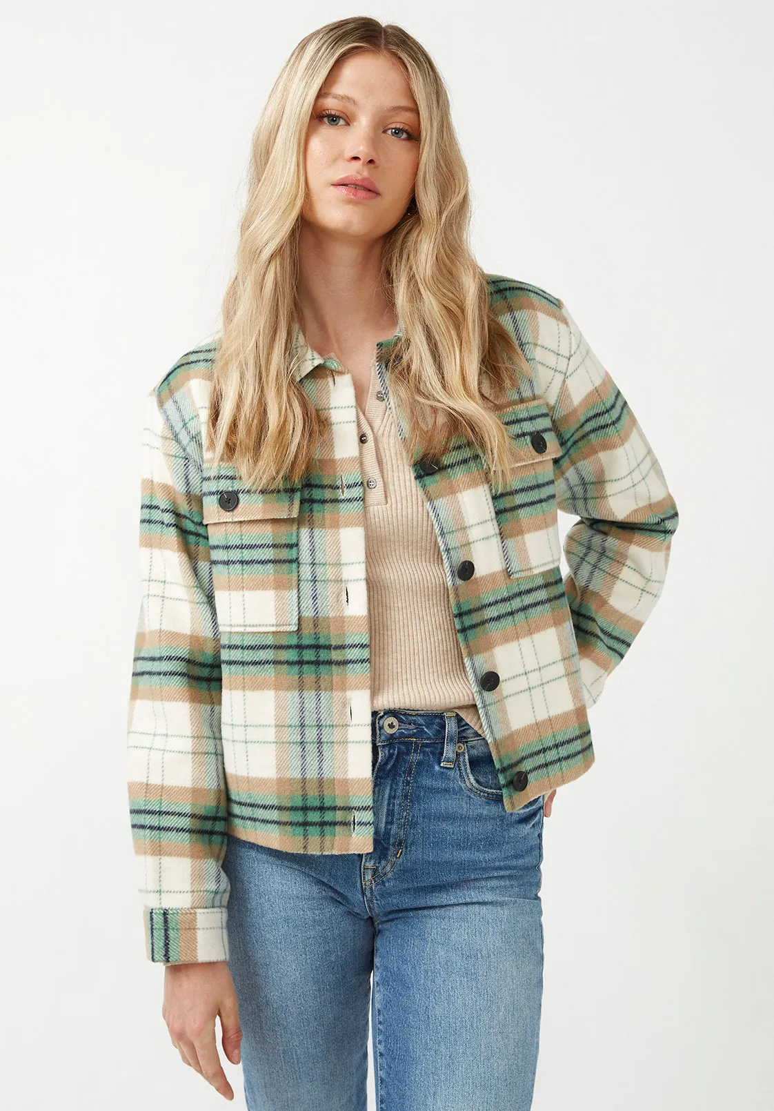 Lissandra Women's Cropped Shacket in Cream Green Plaid - JK0016F