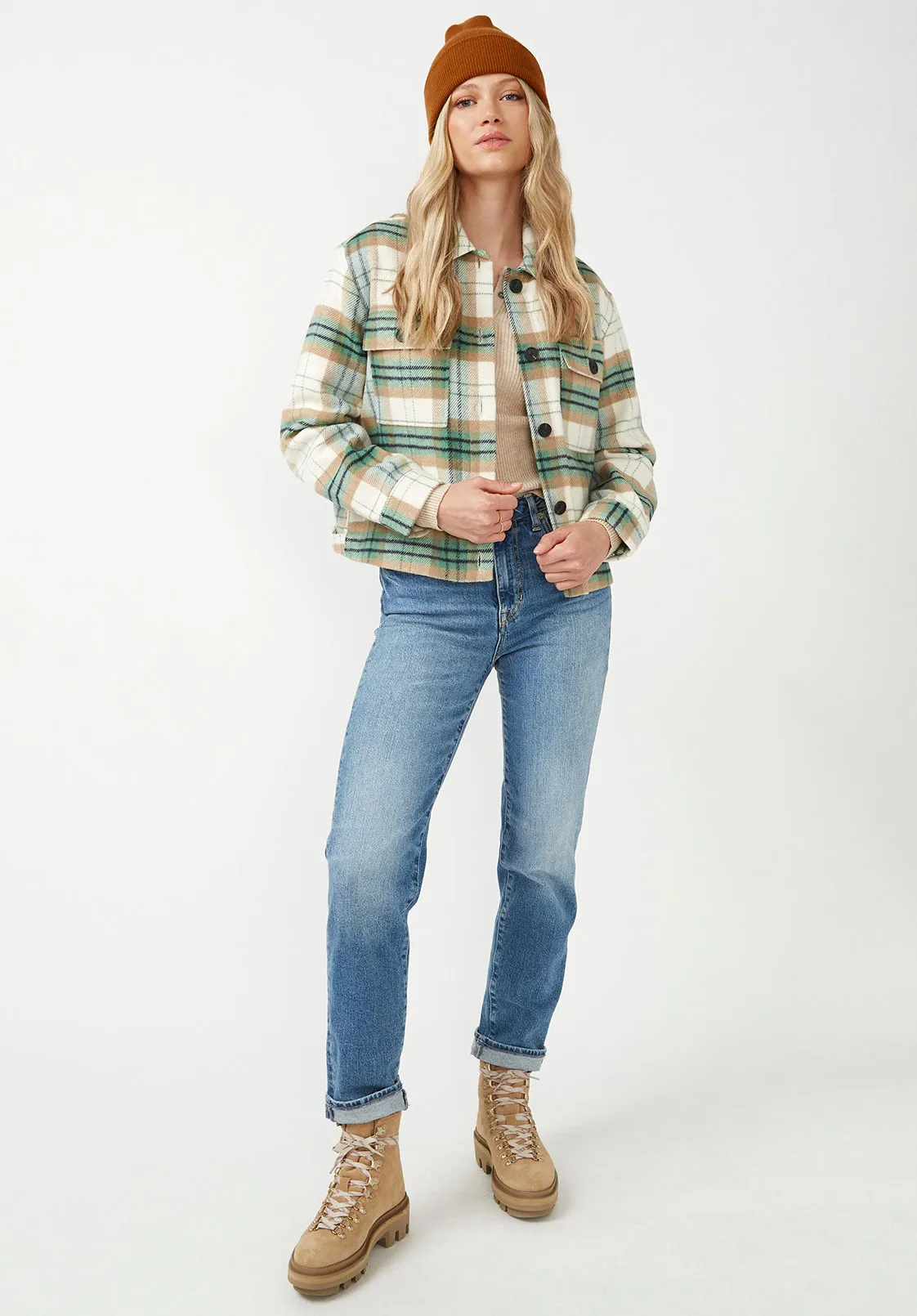 Lissandra Women's Cropped Shacket in Cream Green Plaid - JK0016F