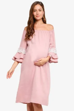 Long Sleeves Off-Shoulder Dericka Dusty Pink Maternity Dress