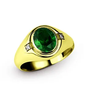 Men's Ring with Emerald and Diamonds in 14k Yellow Gold