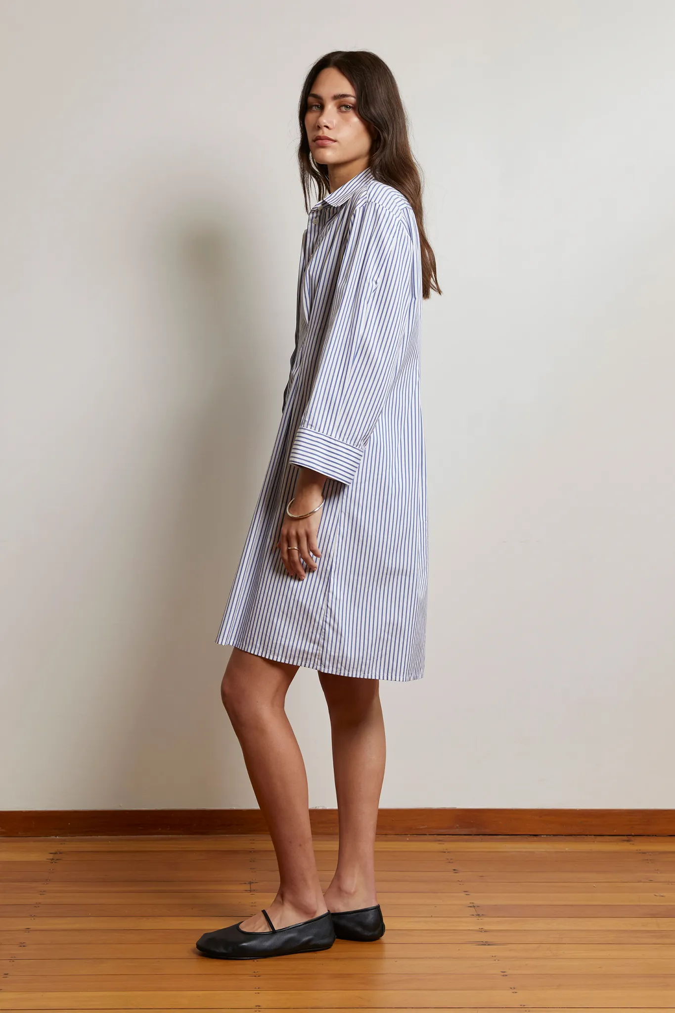 Pullover Shirt Dress | Cotton Stripe | Dark Blue   White