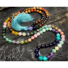 Rainbow Gemstone 8mm Knotted Mala with Silk Tassel # 64