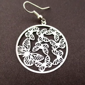 Round Butterfly Pattern Filigree Cut Out Shaped Dangle Earrings in Silver | DOTOLY