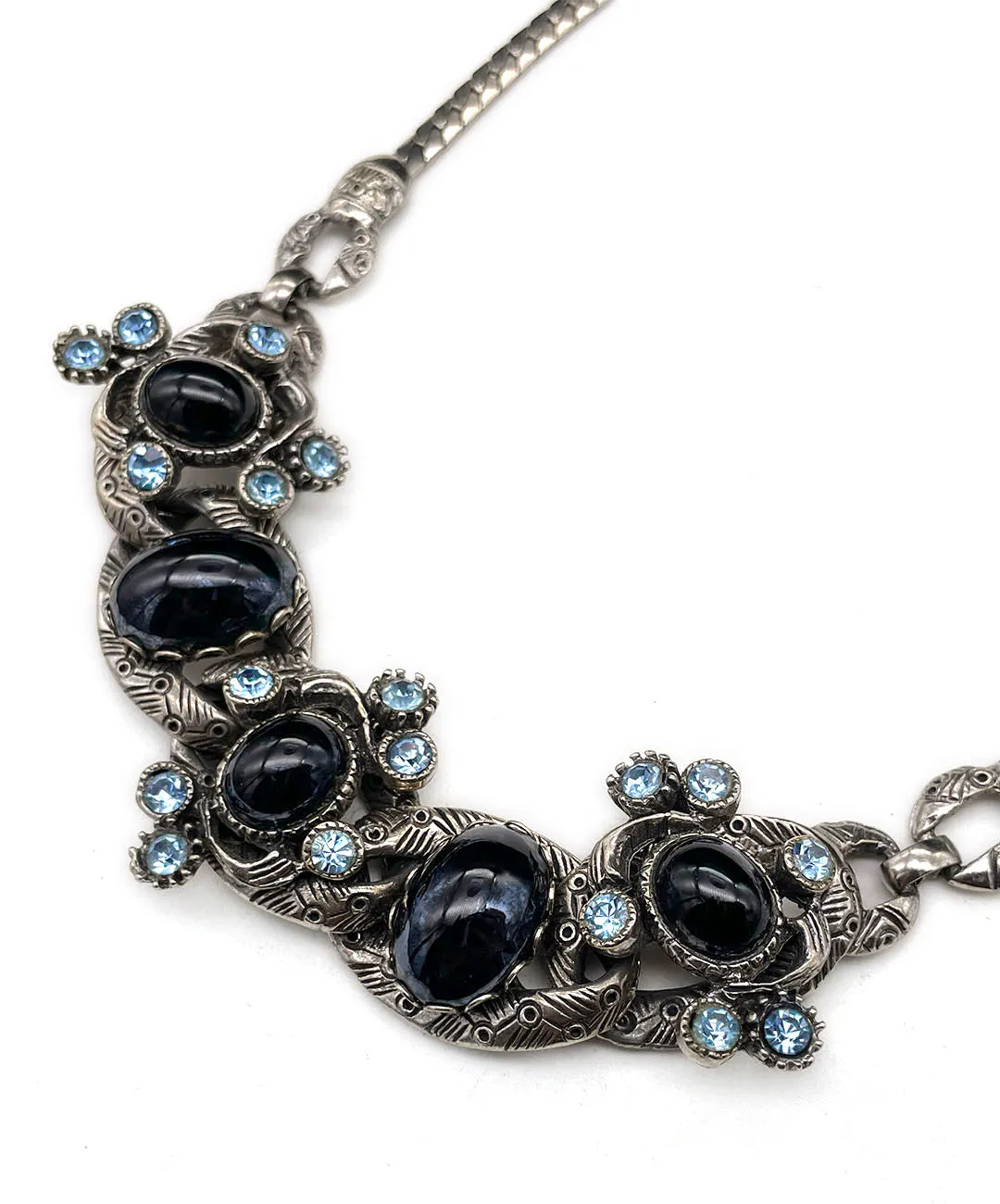 【USA輸入】ヴィンテージ SELRO ブラックカボション ブルー ビジュー ネックレス/Vintage SELRO Black Cabochon Blue Bijou Necklace