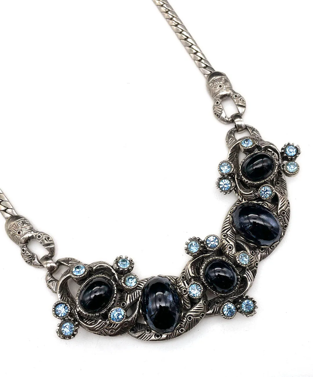 【USA輸入】ヴィンテージ SELRO ブラックカボション ブルー ビジュー ネックレス/Vintage SELRO Black Cabochon Blue Bijou Necklace