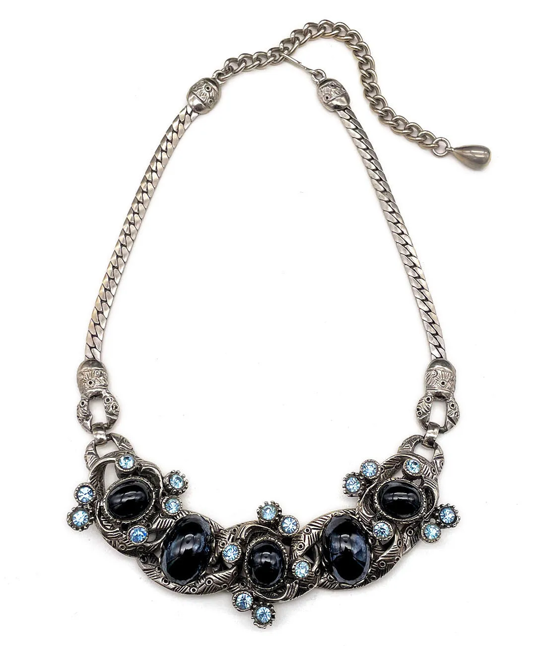 【USA輸入】ヴィンテージ SELRO ブラックカボション ブルー ビジュー ネックレス/Vintage SELRO Black Cabochon Blue Bijou Necklace