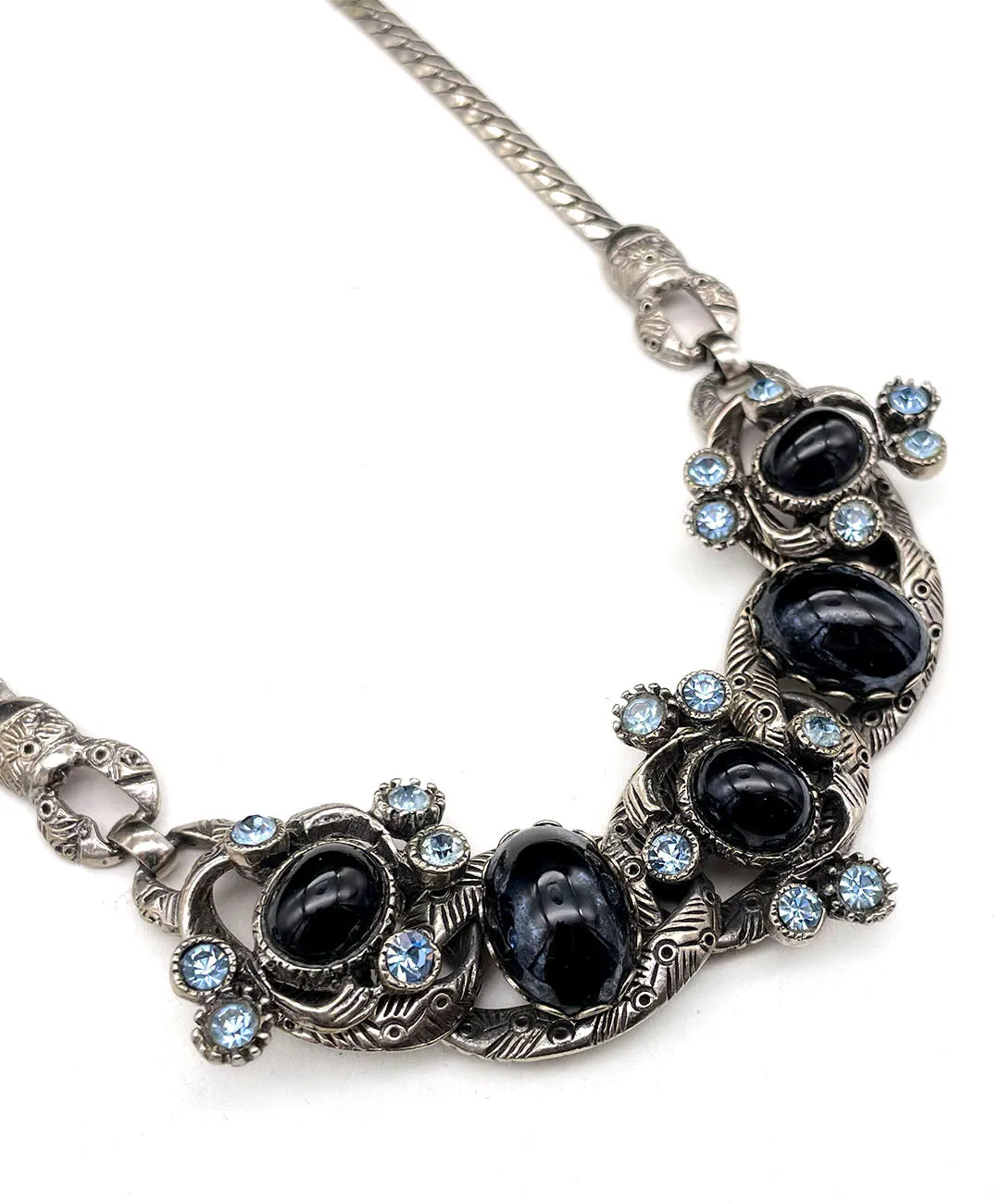 【USA輸入】ヴィンテージ SELRO ブラックカボション ブルー ビジュー ネックレス/Vintage SELRO Black Cabochon Blue Bijou Necklace