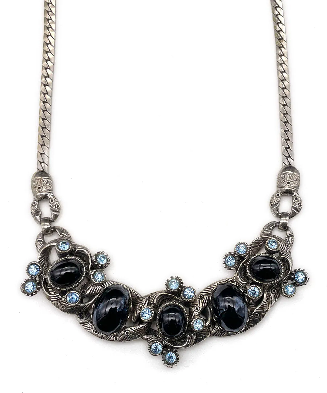 【USA輸入】ヴィンテージ SELRO ブラックカボション ブルー ビジュー ネックレス/Vintage SELRO Black Cabochon Blue Bijou Necklace