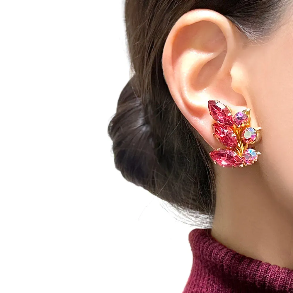 【USA輸入】ヴィンテージ ピンク ビジュー リーフ イヤリング/Vintage Pink Bijou Leaf Clip On Earrings